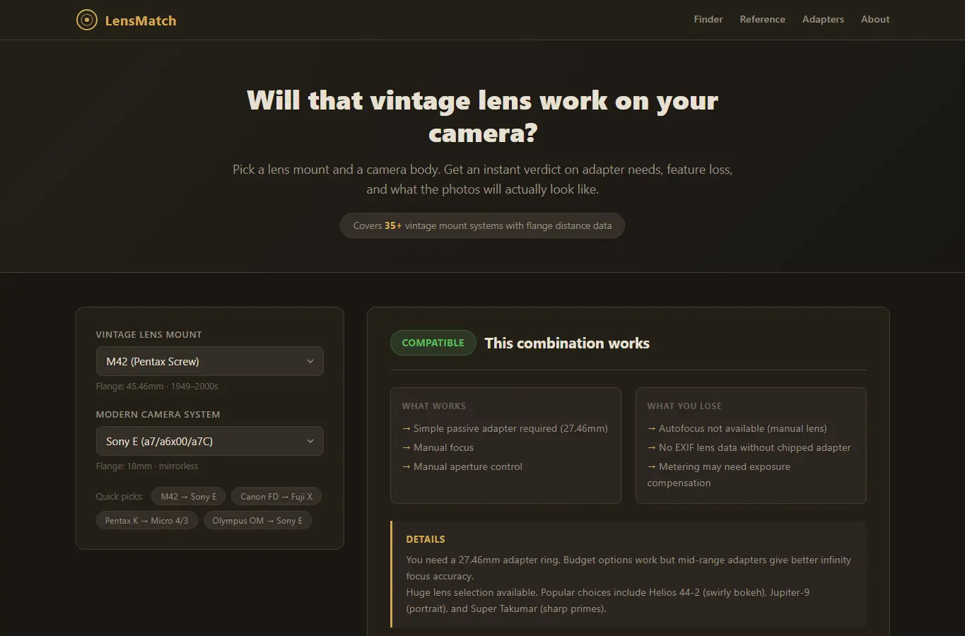 Screenshot of Vintage Lens Compatibility Finder interface showing the project page in use